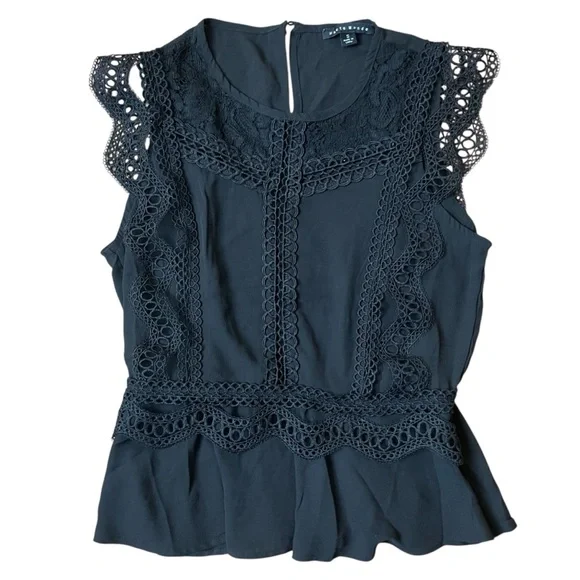 Haute Monde Black Flare Fit Lace Crochet Embroidered Peplum Blouse - Picture 7 of 11